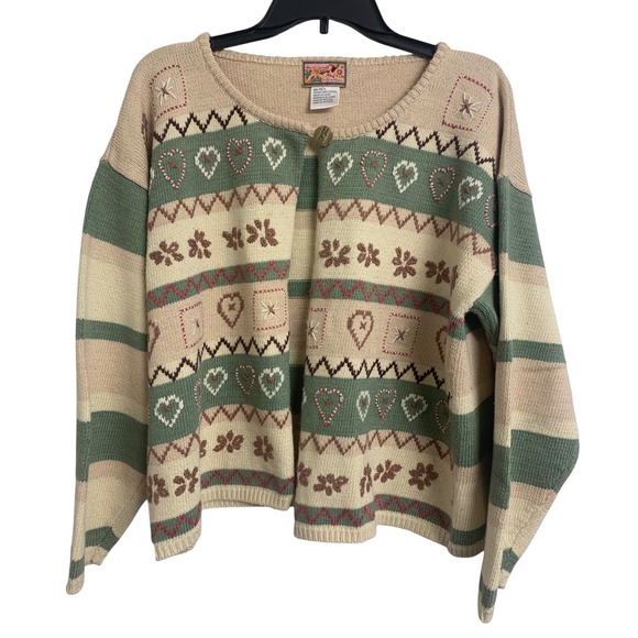 April Cornell Sweaters - Vintage April Cornell Embroidered Striped Heart Cardigan Sweater Green Tan M/L